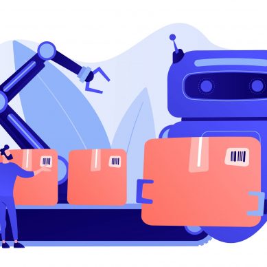 Robot substituting human working with boxes on conveyor belt and robotic arm. Labor substitution, man versus robot, robotics labor control concept. Pinkish coral bluevector isolated illustration