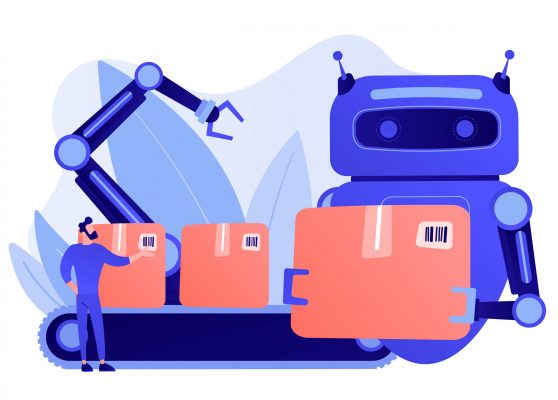 Robot substituting human working with boxes on conveyor belt and robotic arm. Labor substitution, man versus robot, robotics labor control concept. Pinkish coral bluevector isolated illustration