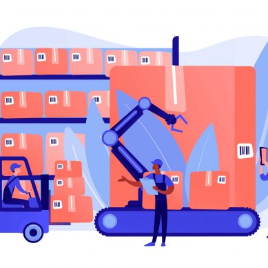 Storehouse employees working, transporting goods boxes. Warehouse logistics, RFID technology use, automation storage service concept. Pinkish coral bluevector isolated illustration