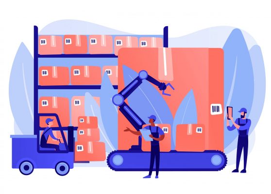 Storehouse employees working, transporting goods boxes. Warehouse logistics, RFID technology use, automation storage service concept. Pinkish coral bluevector isolated illustration