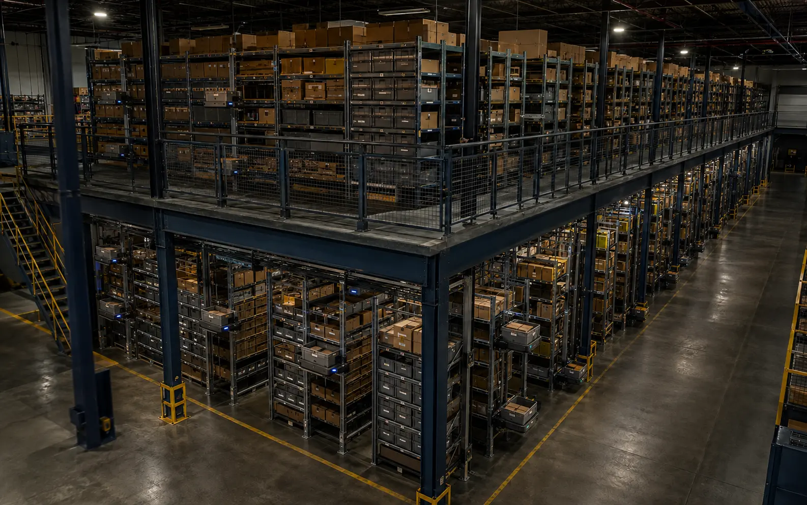 Carte+ rack-native robots automating existing racks across a multilevel warehouse mezzanine